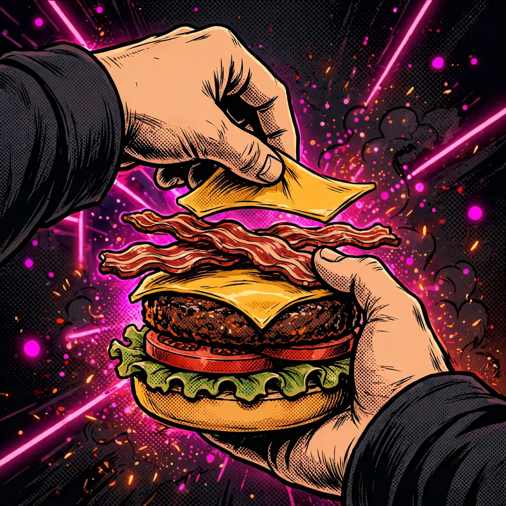 Drawing of hands stacking a burger with cheese and bacon