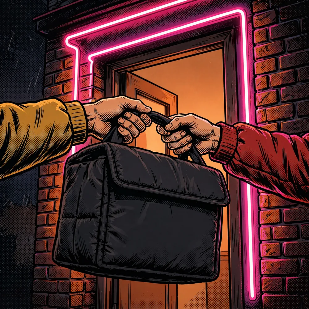 Drawing of a delivery bag being handed over at a door at night