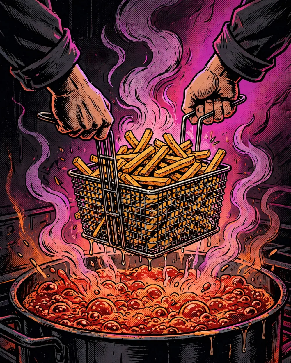 Drawing of a fryer basket of golden fries lifted out of the oil