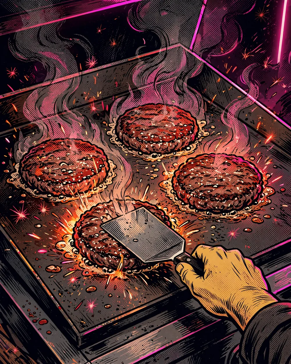 Drawing of burger patties sizzling on a flat-top griddle