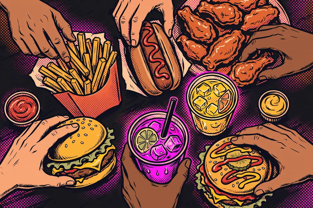 Drawing of a table spread with burgers, hot dogs and fries for a group