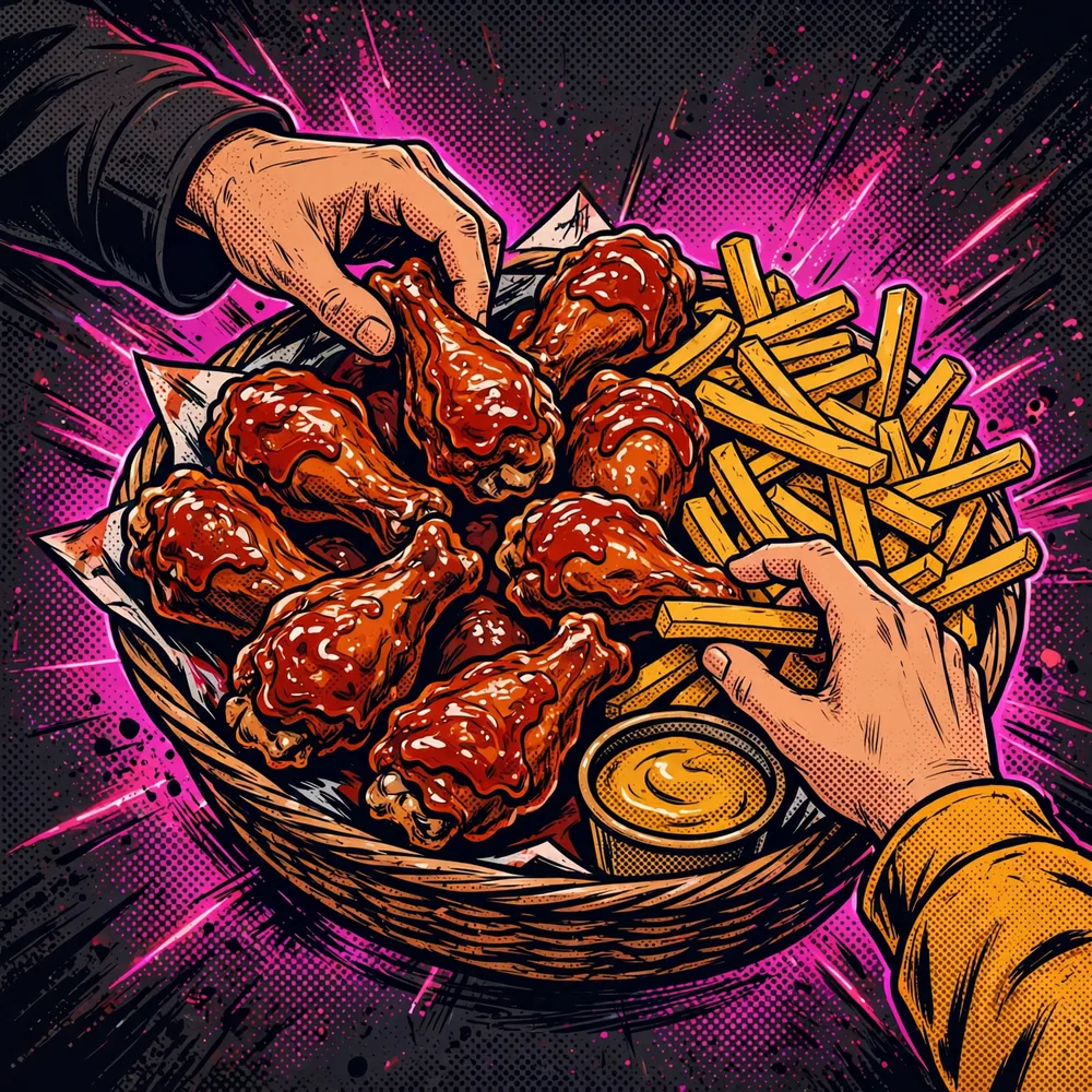 Drawing of glazed chicken wings with fries
